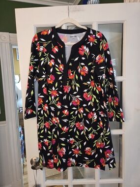 Lands' End Black Floral Swim Coverup Tunic - Pink & Green Print - Size L